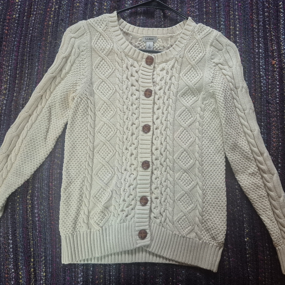 LL BEAN Ivory Cable Knit Cardigan